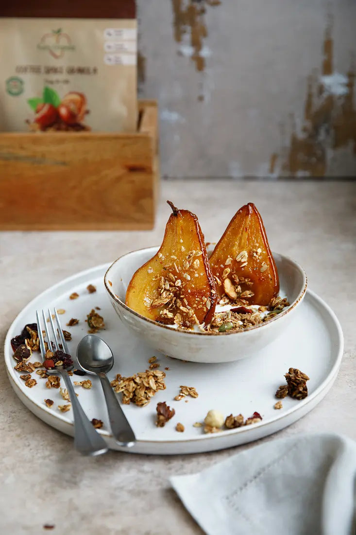 Granola served with roasted pear and yogurt